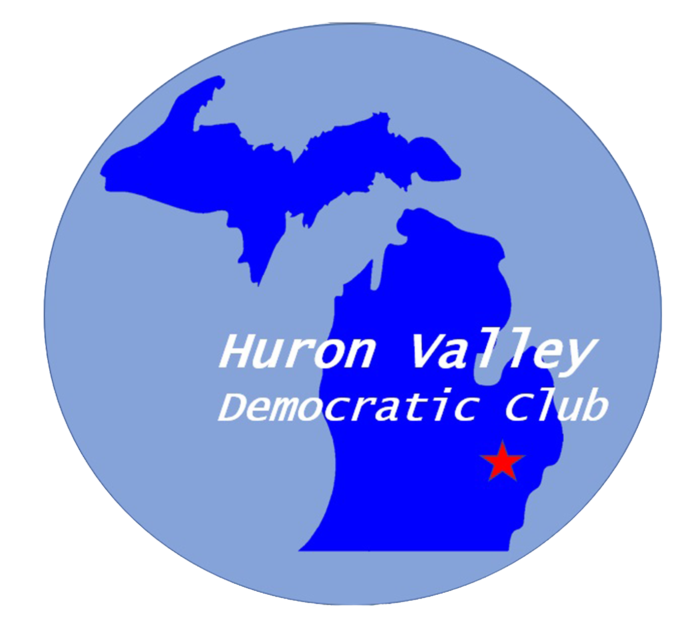 Huron Valley Democratic Club logo with a blue map of Michigan and a red star